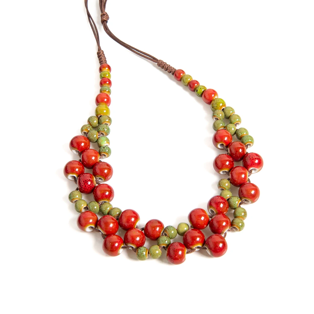 Handcrafted Multicolor Red and Green Ceramic Bead Necklace Adjustable Wax Cord Bohemian Ethnic Jewelry Can Also Be Worn as Headp