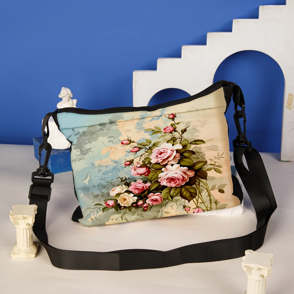 1pc Floral Print Crossbody Bag Beige With Pink Roses And Green Leaves Shoulder Bags For Women Casual Daily Use Travel Shopping A