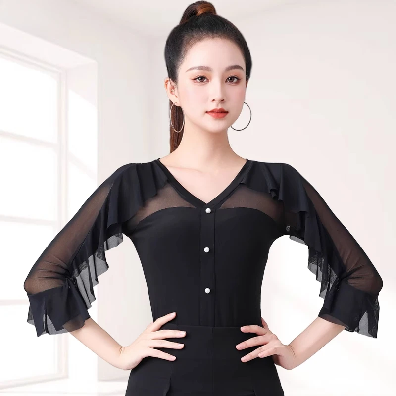 

Elegant One-Piece Latin Dancewear - Modern Ballroom Black Dress Fashion Standard Clothes Practice Suit for Women In Summer