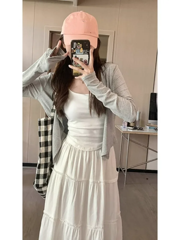 Black Long Sleeve Knitted Open Cardigan Women's Spring Autumn Short Style Versatile Top Coat for Small Figures Commute Style