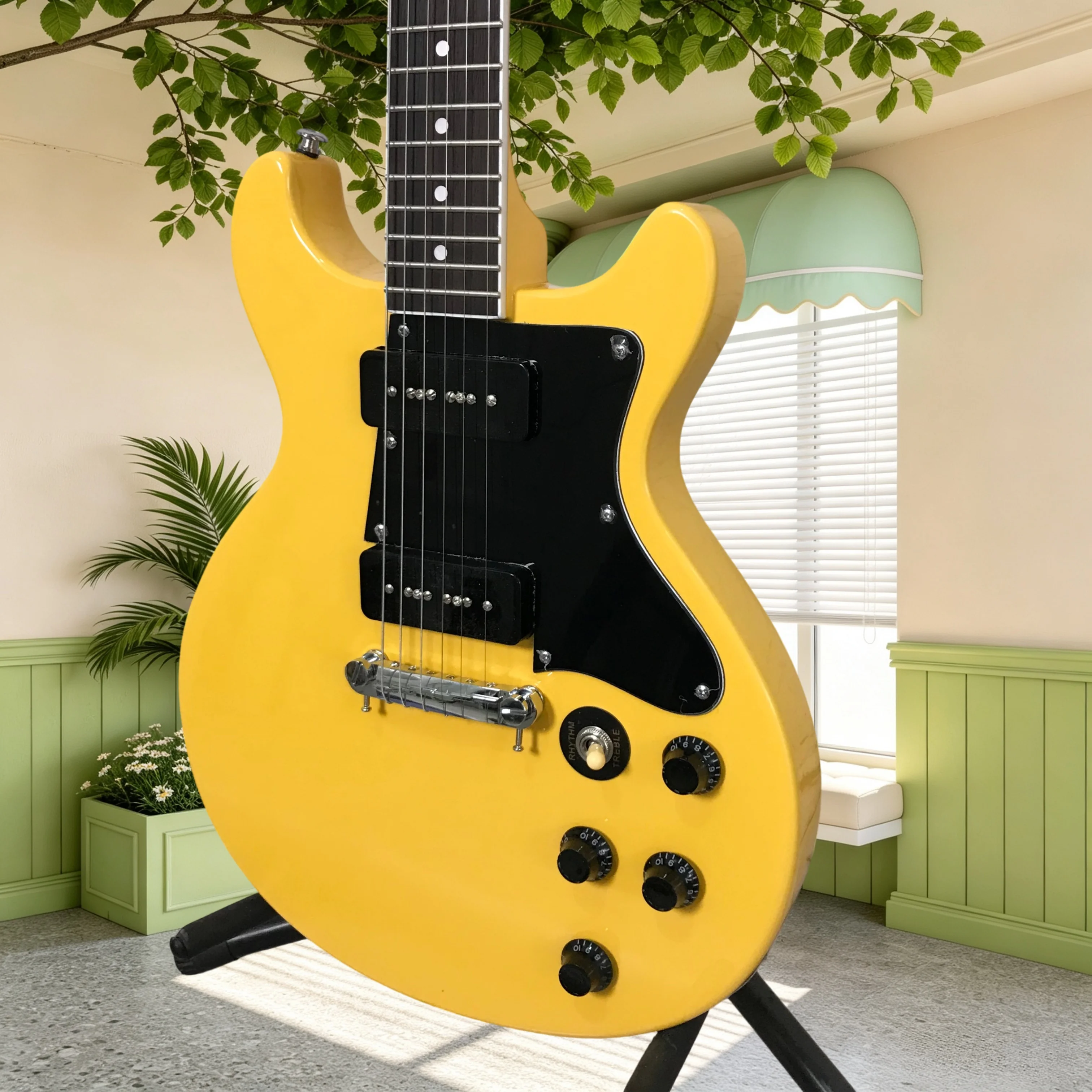 Stu Double Cut Electric Guitar Mahogany Body Dual P90 Pickups Gloss Yellow Rock Blues Band Rehearsal Recording Performance