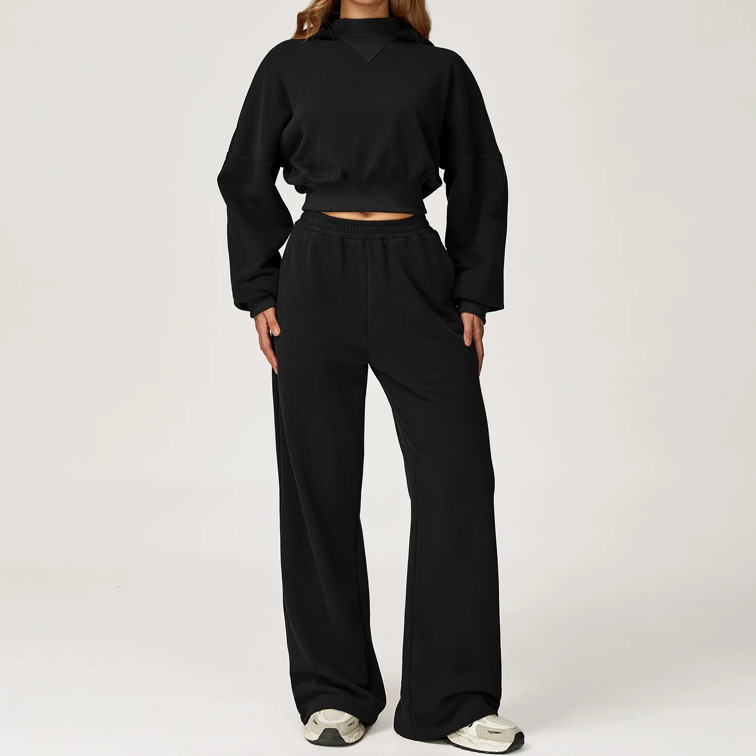 

Autumn Winter Women Tracksuit Fashion Warm Crop Hooded Sweatshirts High Waist Wide Leg Pants Suit Two Piece Oversized Sportswear