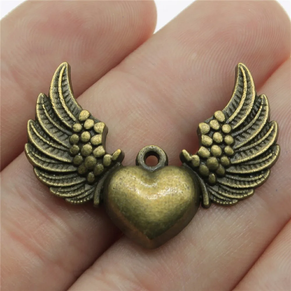 WYSIWYG 4pcs 36x27mm Vintage Heart With Angel Wing Charms For Jewelry Making Antique Bronze Color & Black Heart Wing Charms