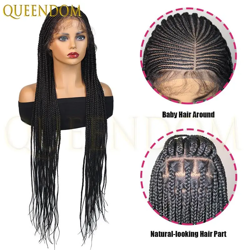 الاصطناعية الجانب جزء كامل الدانتيل كورنو شعر مستعار مضفر للنساء السود 36 بوصة Knotless صندوق جديلة شعر مستعار مع شعر الطفل للاستخدام اليومي