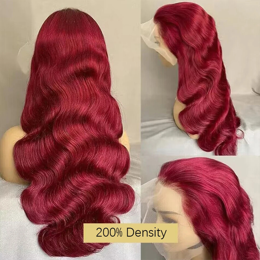 Peruca de cabelo humano frontal para mulheres, onda corporal transparente HD, cor vermelha Borgonha, 99J, 13x6, 30 ", 36", 13x4