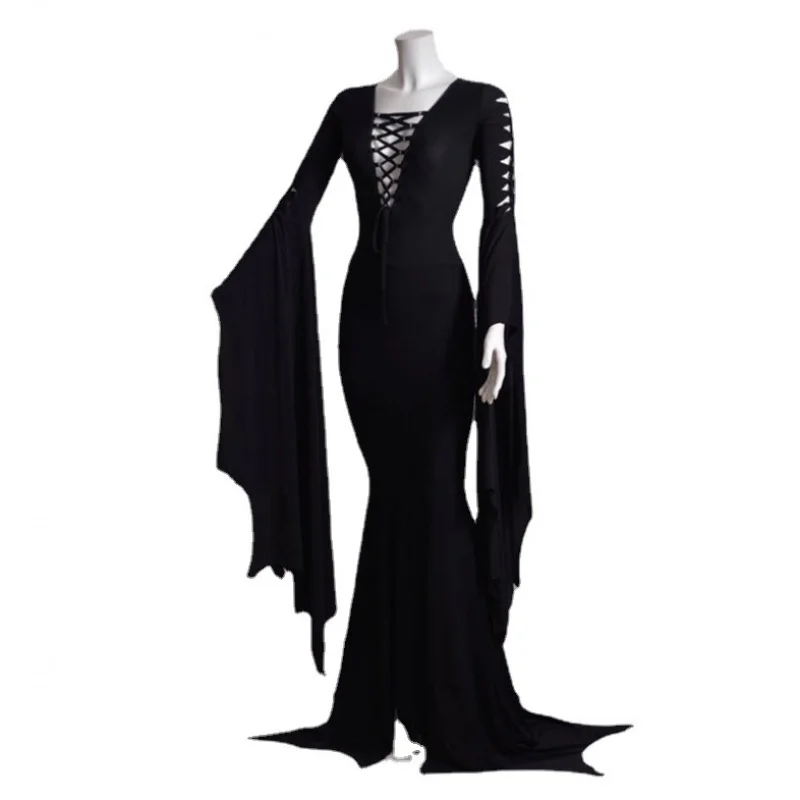 

Halloween Retro Strap Hip Bag Gothic Female European and American Flare Sleeve Tie-NeckVCollar Sexy Dress