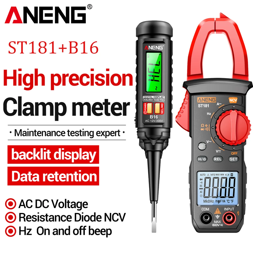 

Electrician Set Kit ANENG ST181 Clamp Meter 400A/600V Multimeter with B16 Electric Tester Pen 12V-300V AC Voltage Detector Tools