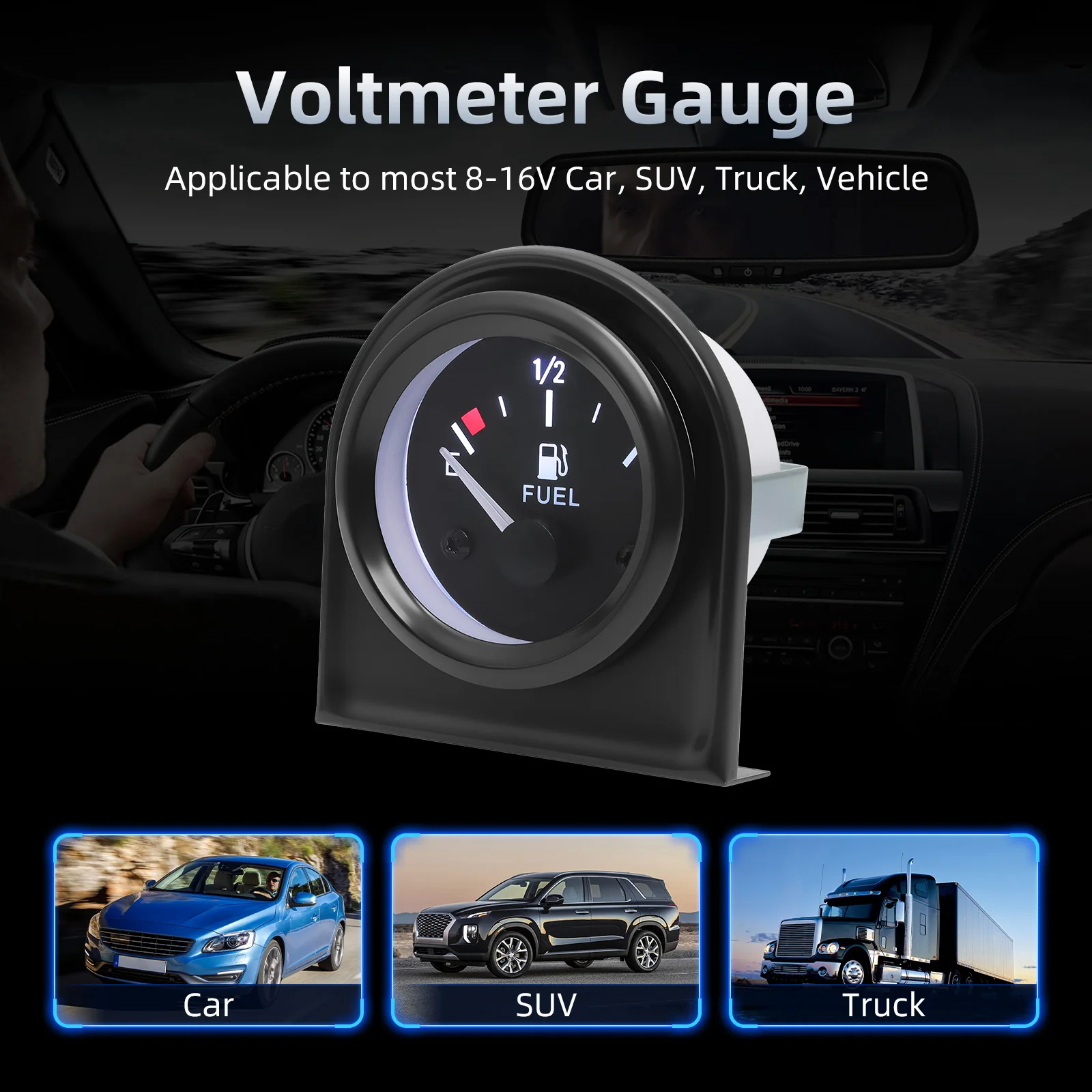 240-33Ohm Fuel Level Gauge With Oil Float Sensor Universal 2" 52mm Fuel Gauge White LED Light Pointer for Car SUV Truck 8~16V view 3