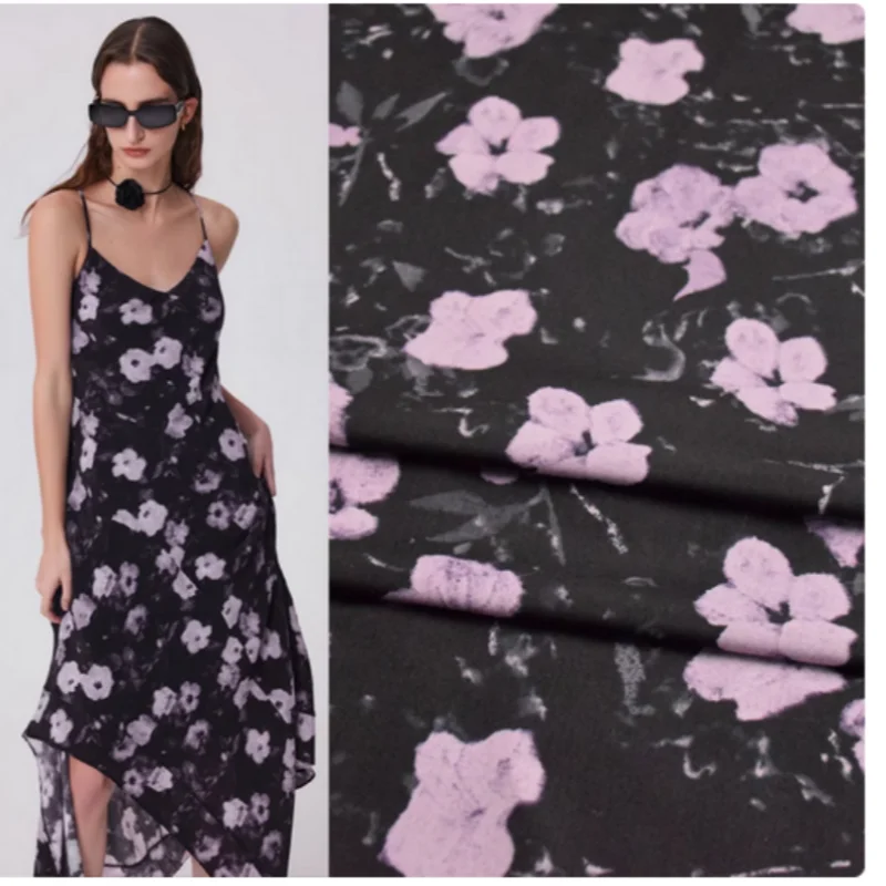

Black Bottom Grey Purple Flower Print Chiffon Fabric, Spring Summer Dress, Shirt, Household Cloth Sewing Tissue, Soft, T2296