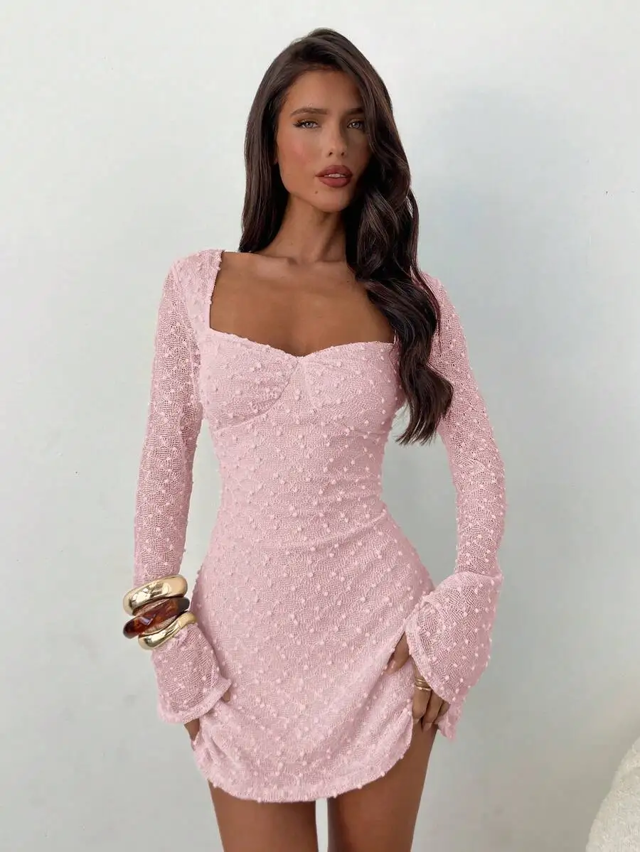 

Women's Pink Square Neck Ruched Flare Sleeve Fitted Mini Dress with Textured Fabric