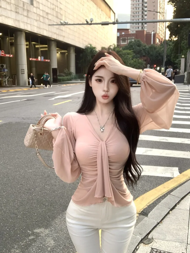 

Ele Pure Desire Aosphere Slim Fit Long Sve V Ne Elastic T irt Топ Simple Lady Sle Ранняя осень Faion