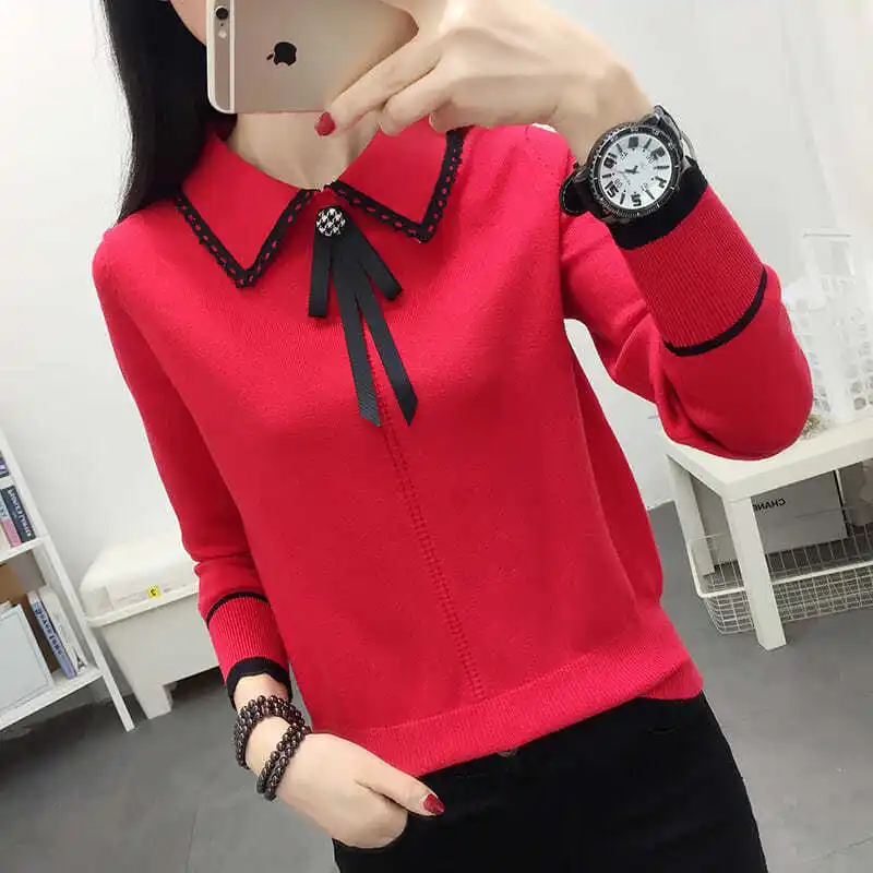 Spring Autumn Women Sweater Pullover New Fashion Doll Collar Bow Long Sleeve Knitted Sweater Women Joker Knit Tops Women Clothes