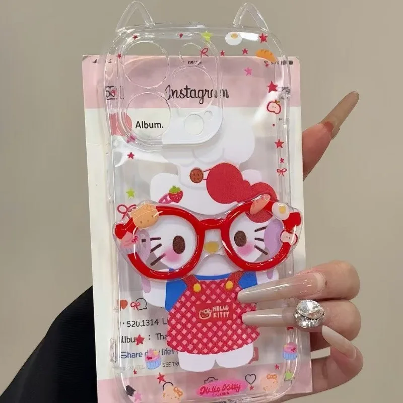 

Cartoon Cute Glasses Hello Kitty Soft All-inclusive Phone Case for IPhone 13 14 15 Plus 16 Pro Max 3D Protective Case Girls Gift