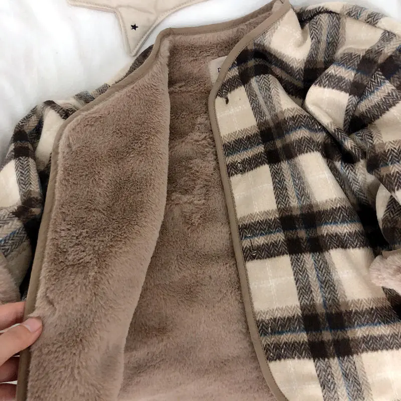 Children\'s Wool Plaid Plush Coat Autumn Winter 2022 winter Rabbit Plush Thickened Cotton Padded Jacket