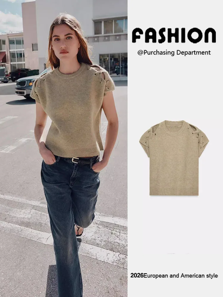 

Spring New Arrival Women's Versatile ort Sve round Ne Knitwear oulder Detail Decoration Comfortable Fit Casual Sle