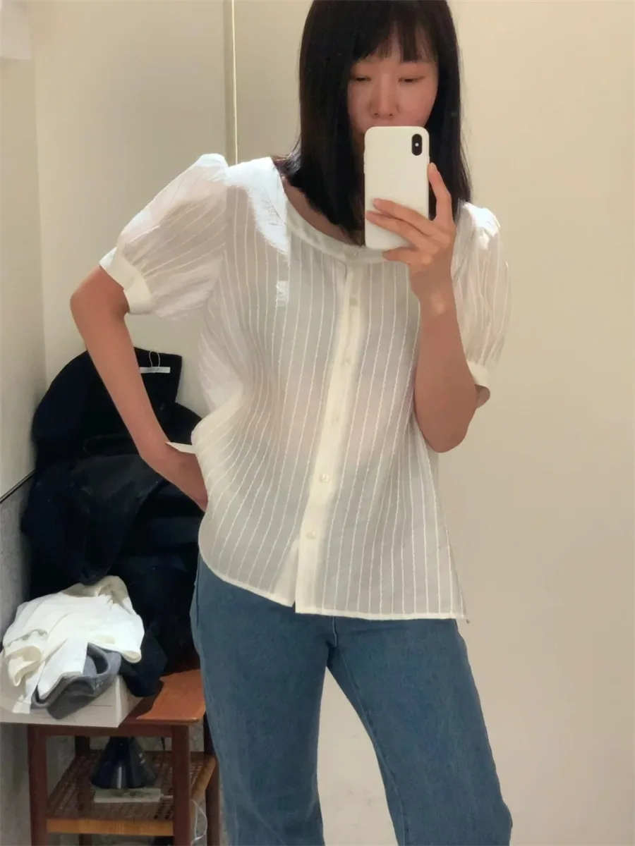

Tannat Summer 2026 New Anti-Aging Doll Shirt Women's Top Loose Fit Short Sleeve round Neck Button down Striped Pattern