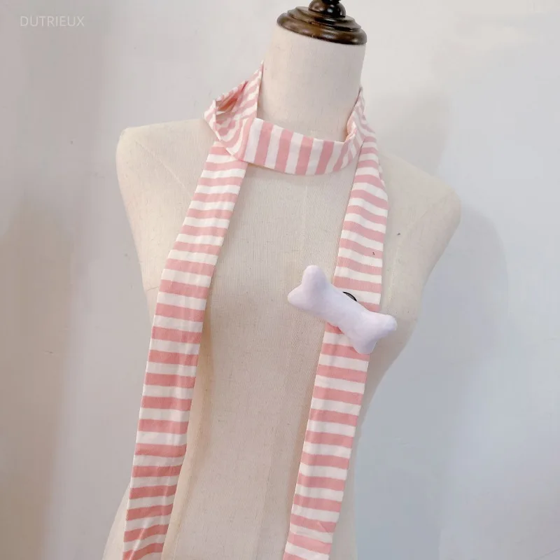 Subculture Harajuku Y2k Black White Stripe Scarves With Bone Deco Cospaly Sweet Cute Scarf Women New Scarf Autumn Winter 2025