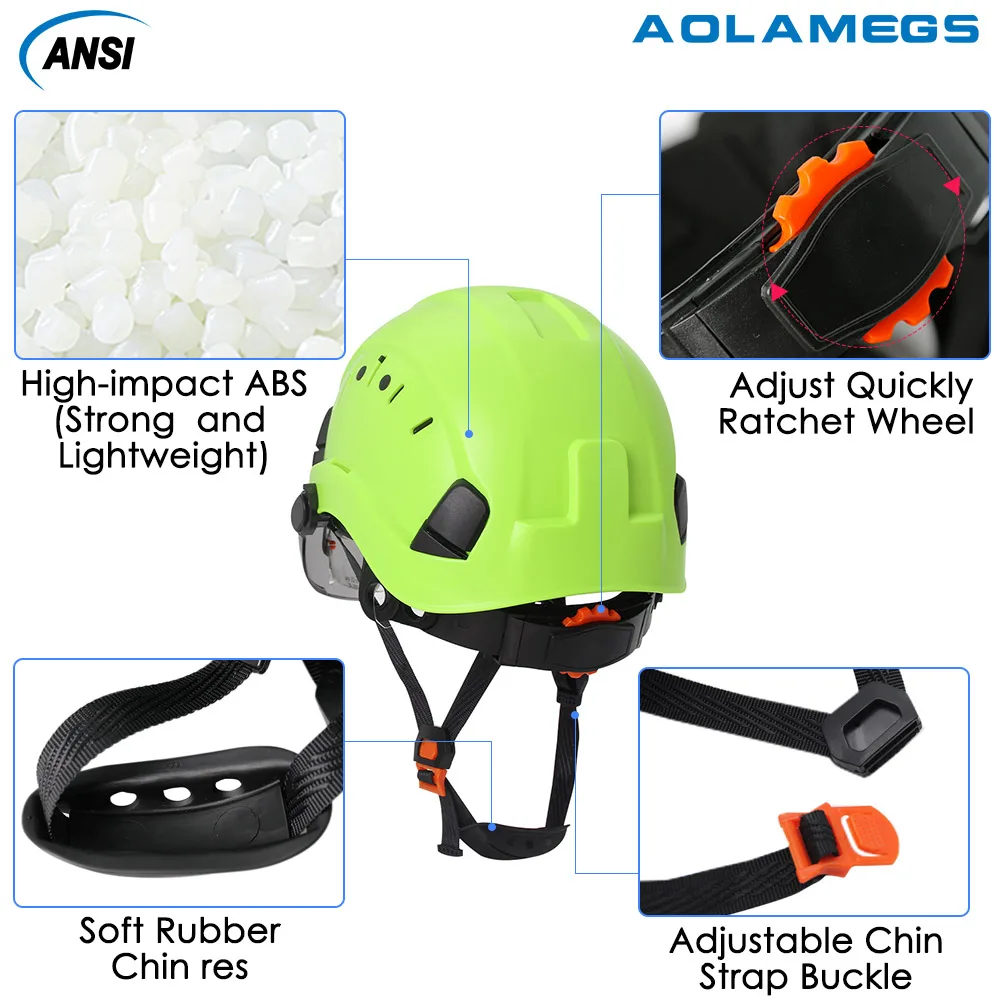 CE Construção Capacetes de Segurança com Óculos Duplos, Engenheiro Respirável ABS Work Cap, Proteção de Cabeça, ANSI Escalada Rescue Cap