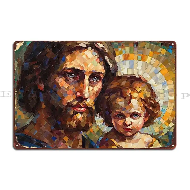 Saint Joseph With The Child Jesus Metal Plaque Poster Garage Bar Mural Painting Custom Tin Sign Poster