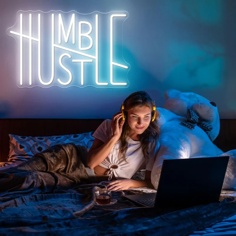 HUSTLE Neon Sign Words USB Powered Led Room Decor for Boys Man Cave Gym Room Dimmable Bedroom (HUSTLE-White) 5V USB