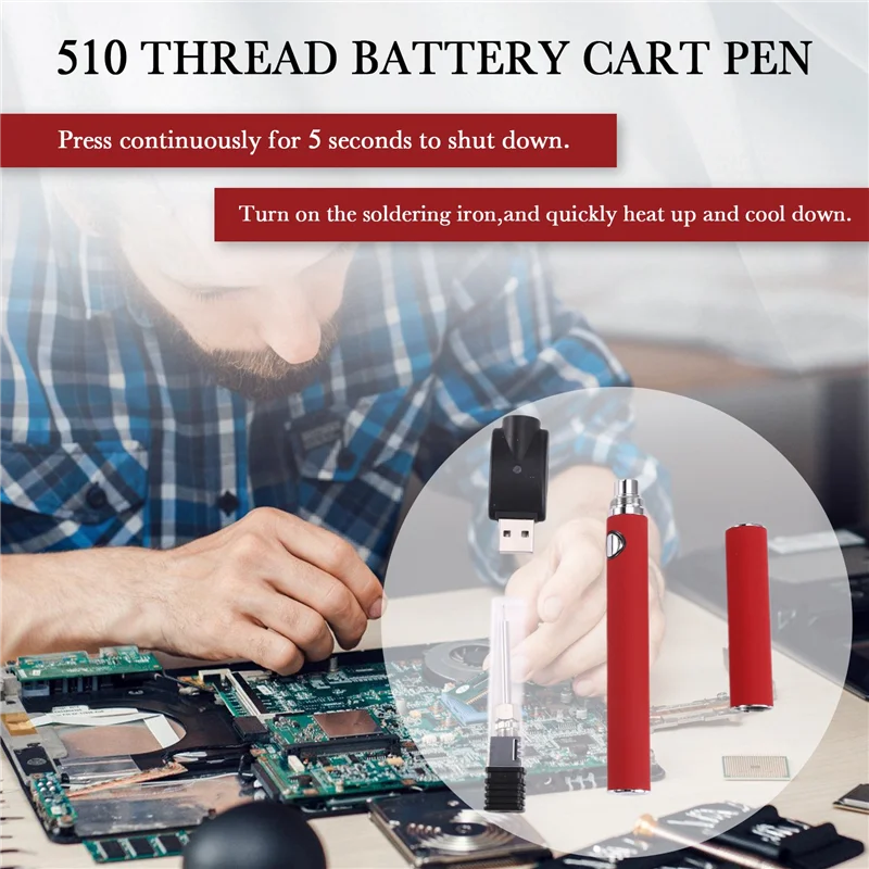 A98Z 510 Thread Battery Cart Pen Voltaje ajustable Smart Power Pen USB Mini Kit de soldador con tapa roja