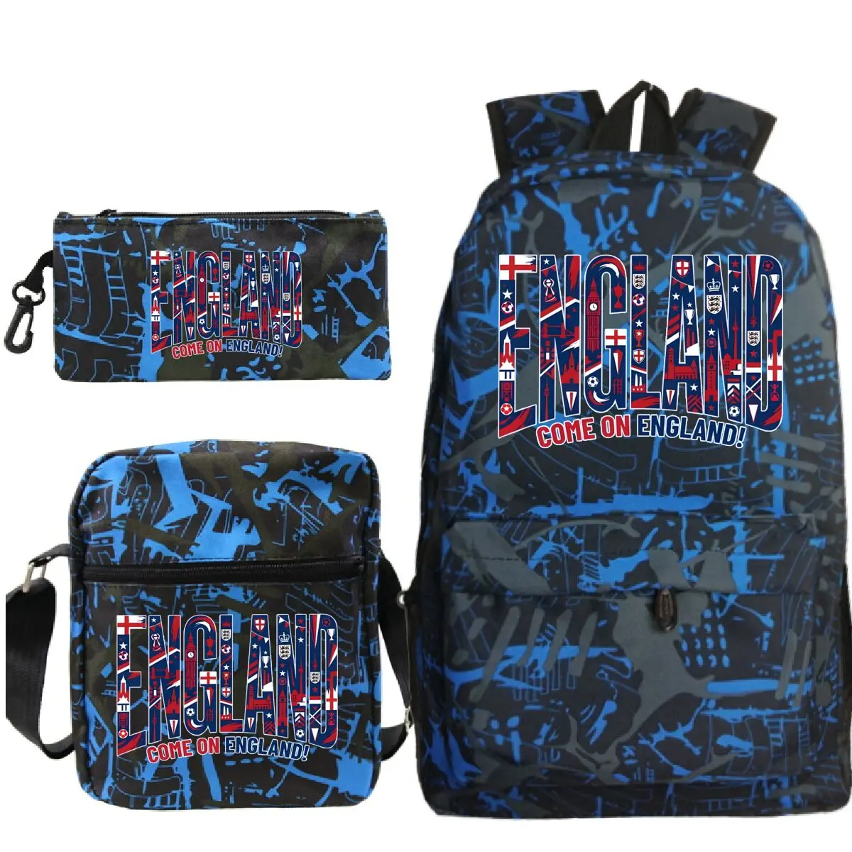 

"England Come On England" 3 Pieces School Bag Set England Football Fan Gift Women Men Fashion Crossbody Pen Case Backpack Suit
