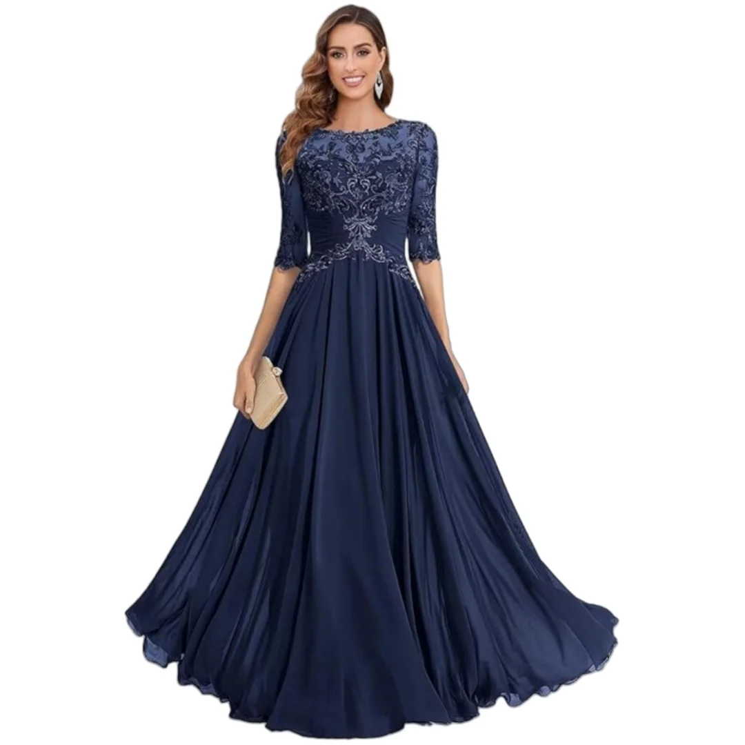 

Lace Crew Neck Mother of The Bride Dress with Sleeves A Line Long Chiffon Wedding Guest Gowns with Appliques