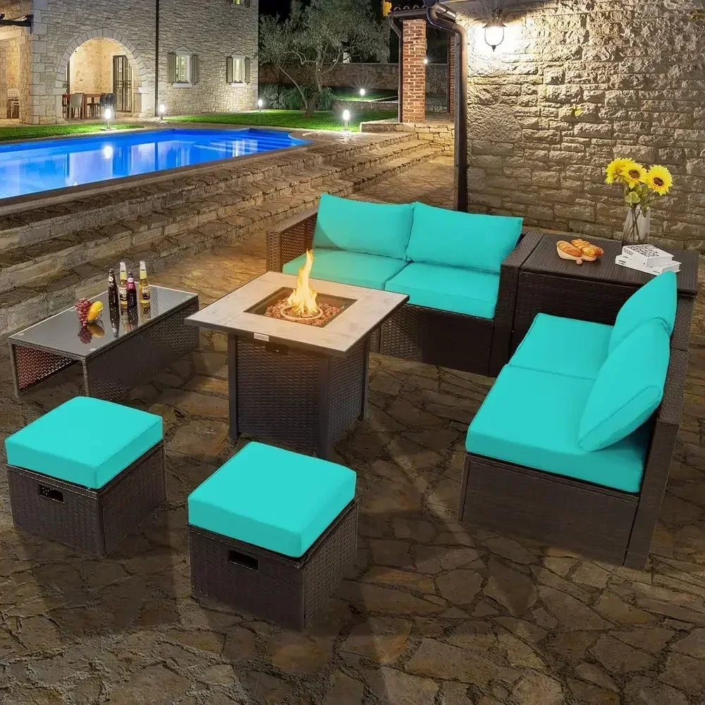 9-Piece Outdoor Patio Furniture Set with 30 Propane Fire Pit, PE Wicker Sectional Sofa with Storage and Cushions, 50,000 BTU Gas