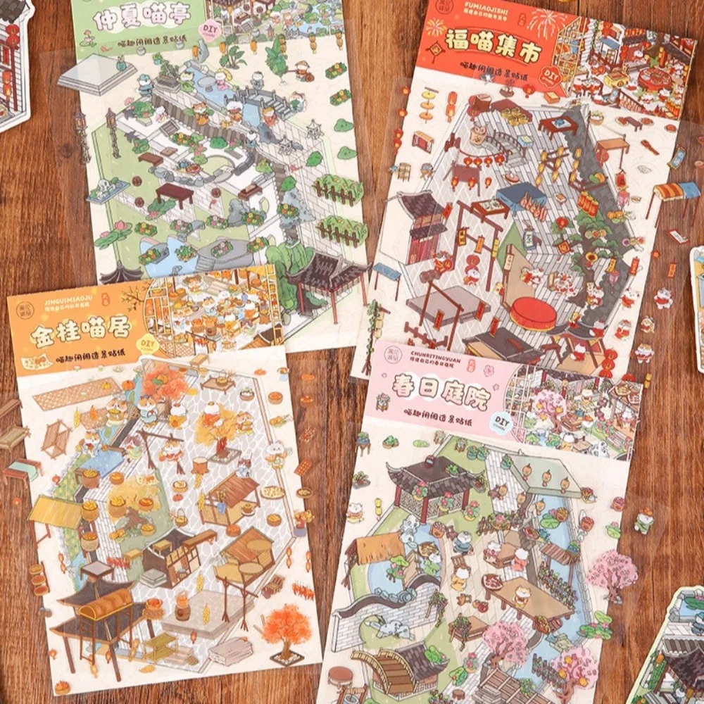 DIY Cartoon Cat Leisure Life in 4 Seasons Landscape Sticker 3D Pocket Cabin Scene Stacking Pasting Stickers Gift for Kid Child