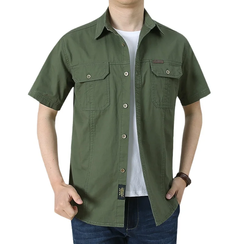 

Men Short Sleeve Multi Pockets Tooling Shirts New Summer Male Military Loose Cargo Shirts Quality Men Cotton Casual Shirts 5XL