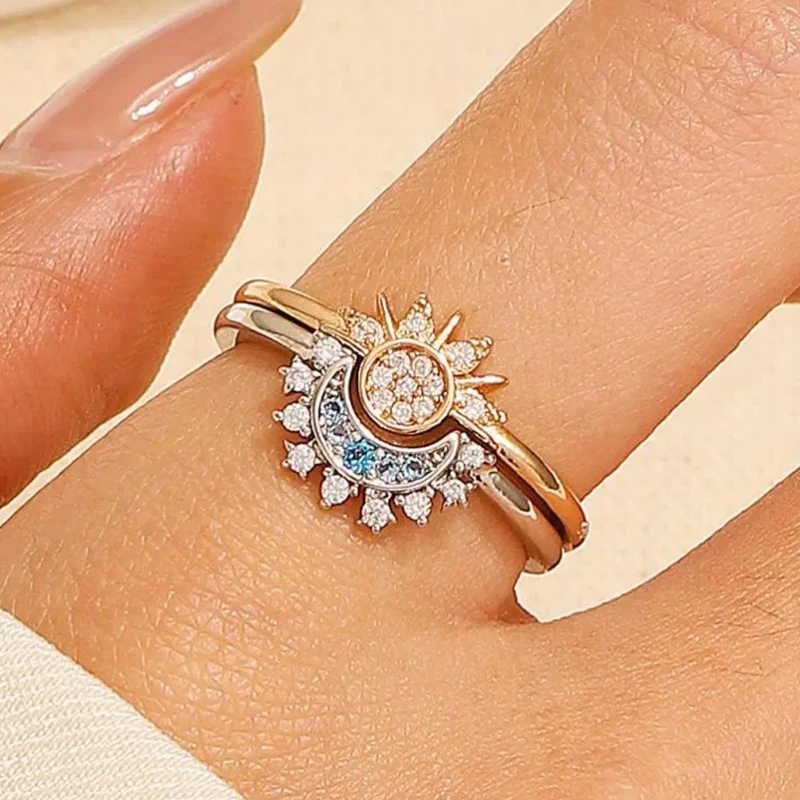 Fashion Sun Moon Star Rings For Women Temperament Adjutment Sparkling Couple Rings Set Finger Wedding Jewelry Charm Gifts