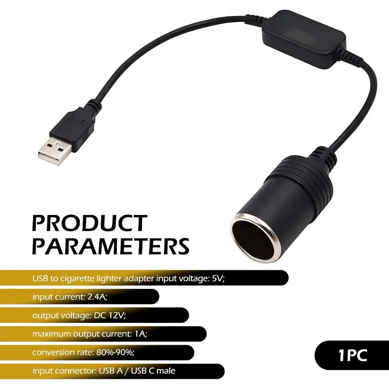 USB Male to 12V Car Jet Lighter Socket Light Adapter Converter Cable for GPS Car LED Light Strip Driving Recorder
