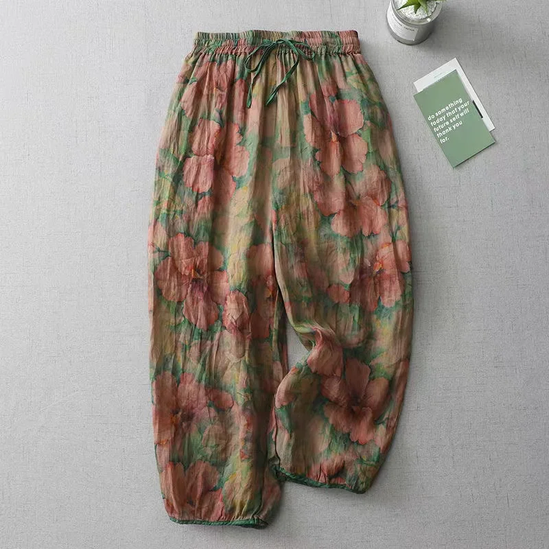 

2024 New Summer Vintage Women Ankle-Length Lantern Pants Casual Loose Elastic Waist Floral Print Bloomers Chic Harem Pants