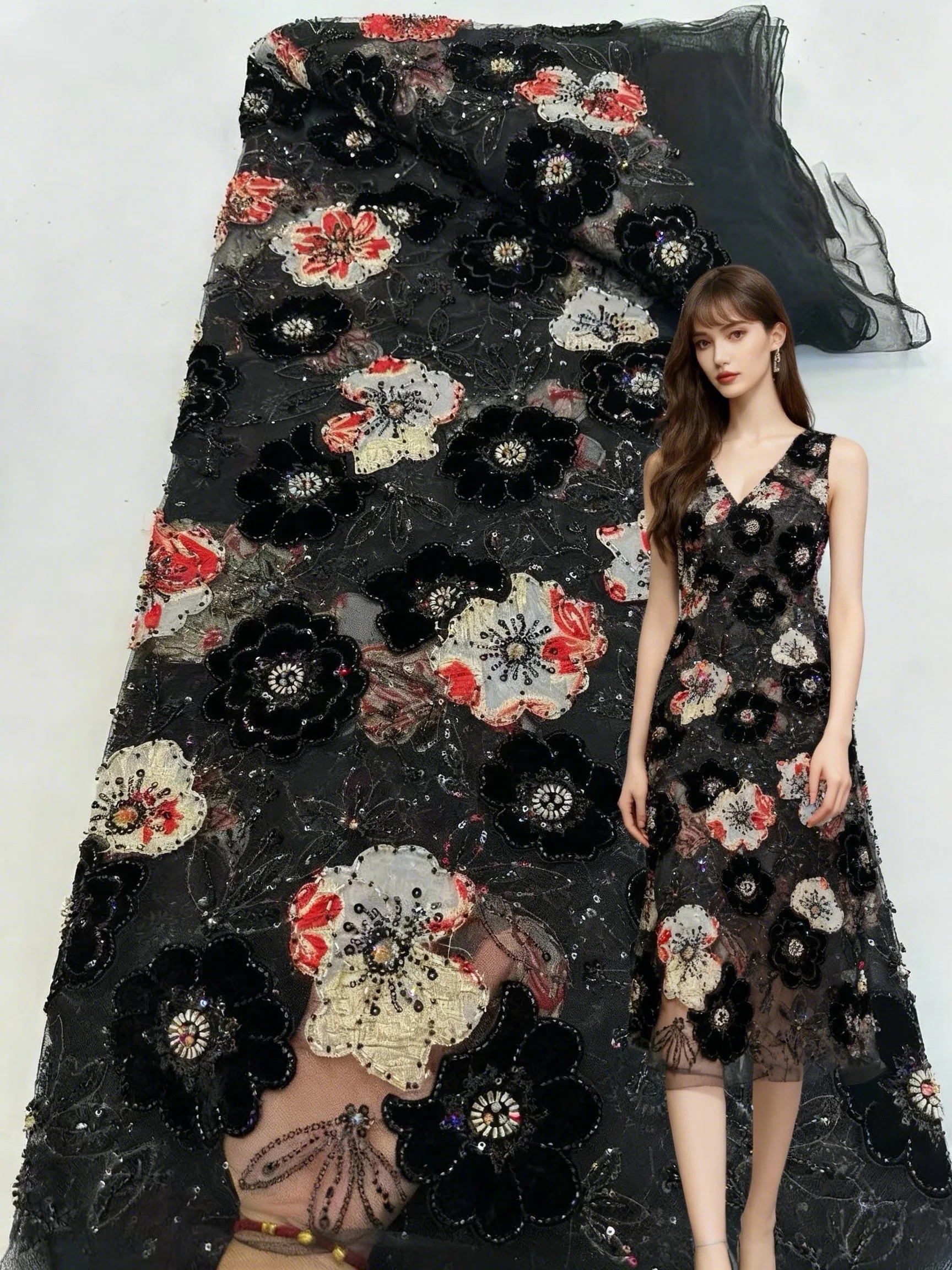 

French Flower Wedding Dress Lace Fabric 2025 African Nigerian Beaded Sequins Embroidered Lace Fabric for Wedding Party 5 Yards