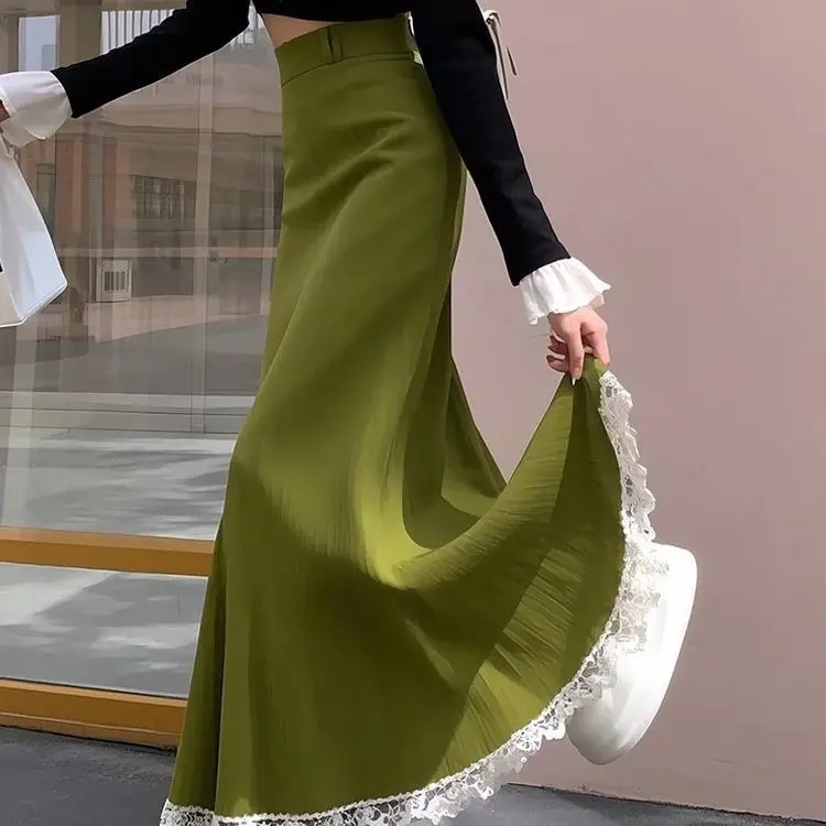 2025 春夏の女性のハイウエストレースパッチワークグリーントランペットスカート、女性デザイナーファッションマーメイドスカート