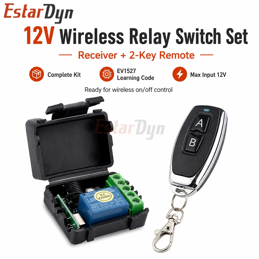 Estardyn 433MHz RF Wireless Remote Control Switch Transmitter and Receiver DC 12V 1CH Relay Module for Garage Door