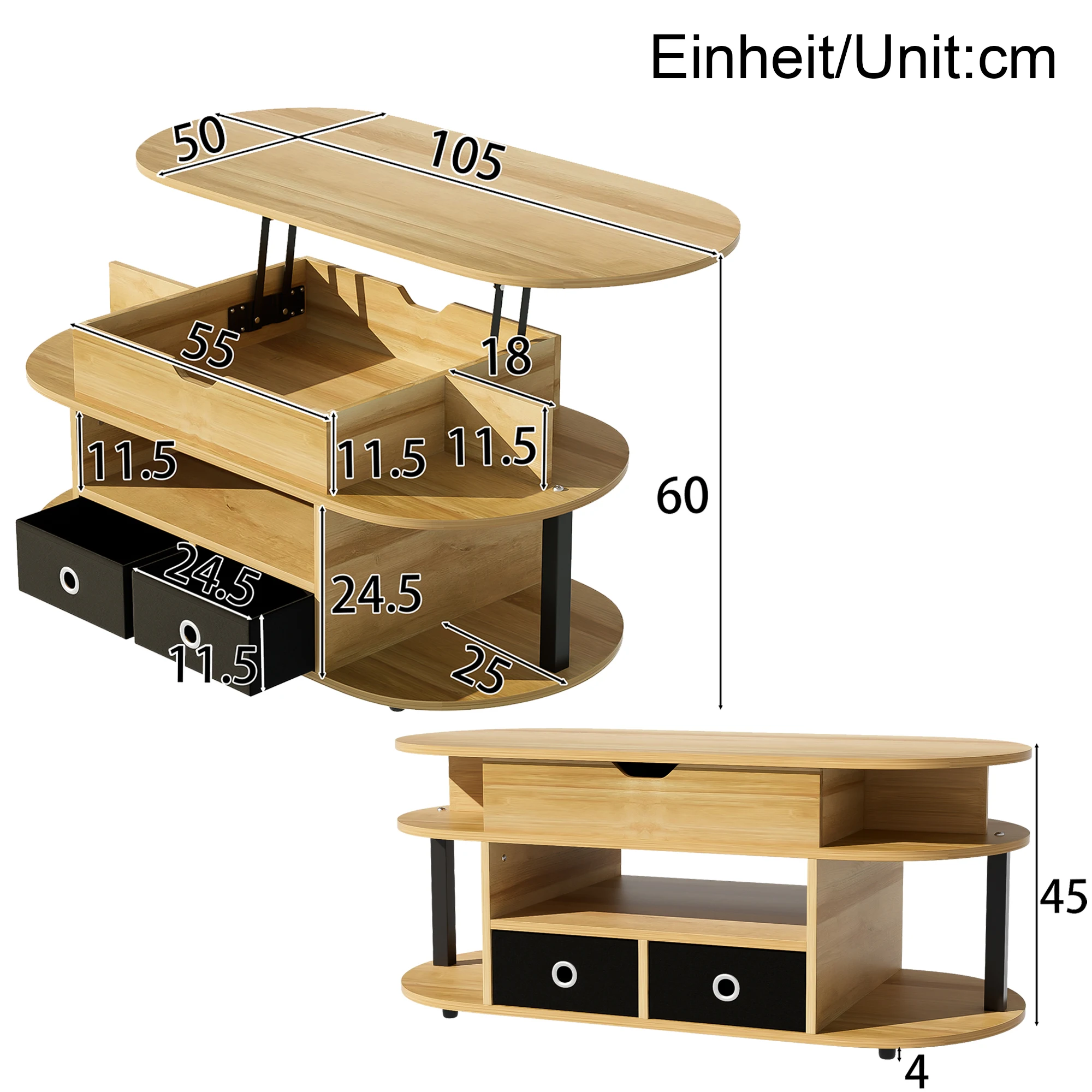 Moderner Holz-Couchtisch mit Hebefunktion, Stauraum und schwarzen Stoffschubladen – vielseitig, stilvoll und praktisch – Detail 2