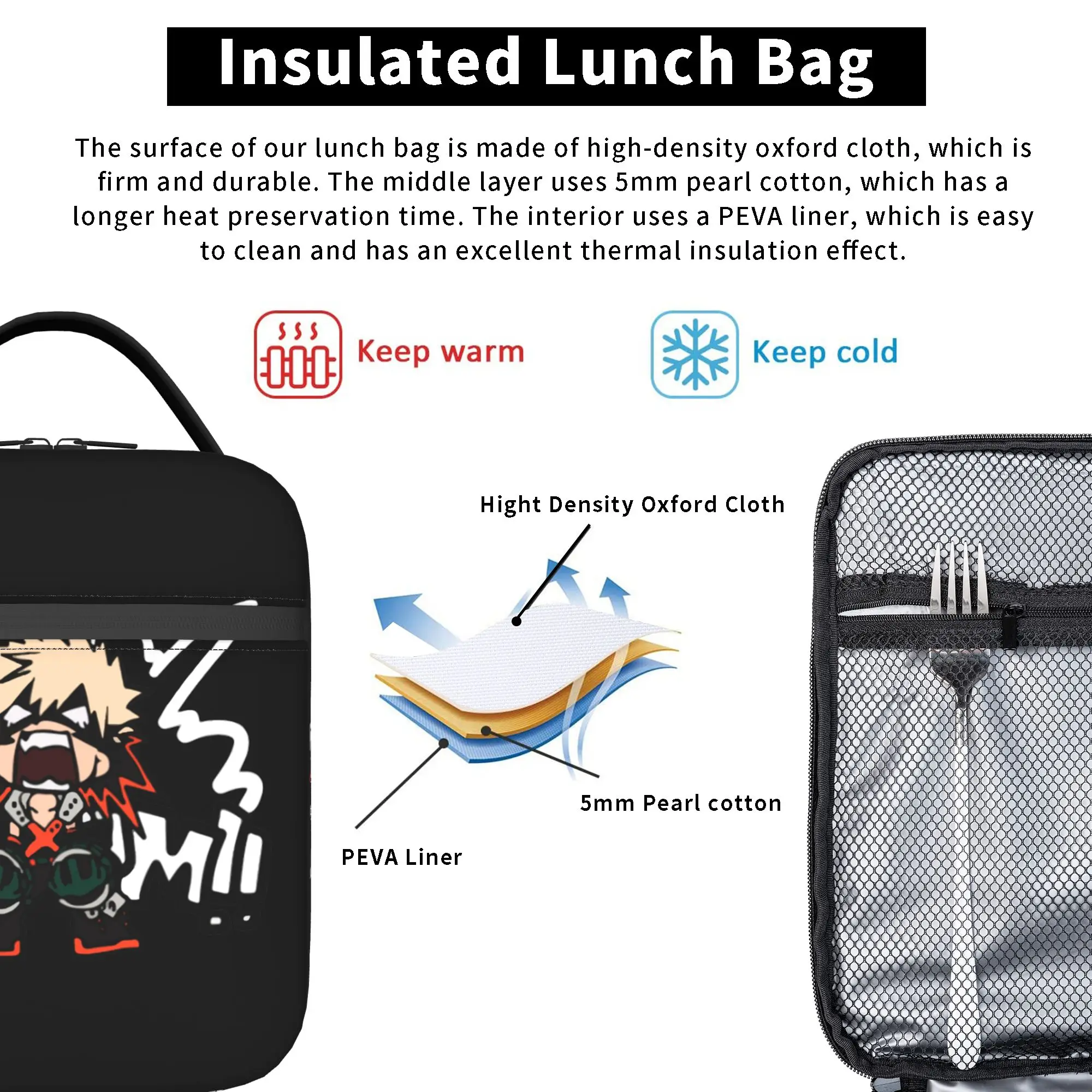 My Hero Academia Katsuki Bakugo Thermal Insulated Lunch Bags  Reusable Bento Box Thermal Cooler Lunch Boxes view 3