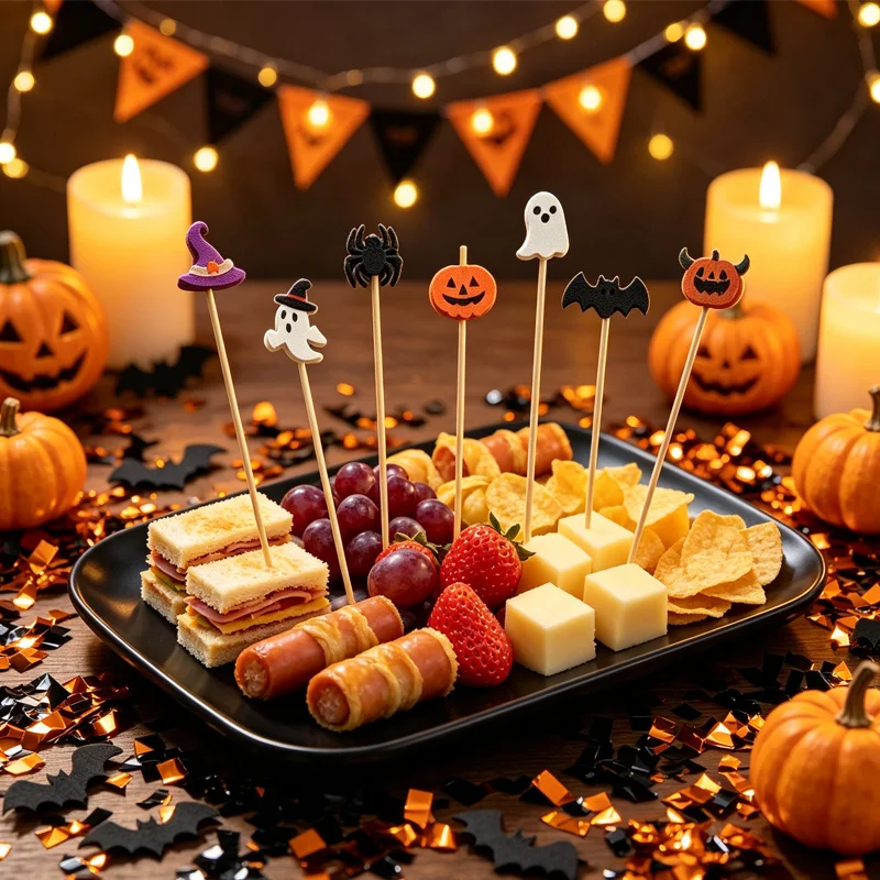 100pcs Halloween party dessert decoration, bamboo skewers, fruit plates, cakes, cocktails, plate decoration, inserts