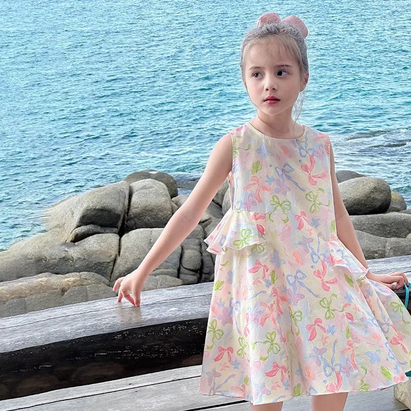 Girls' Dress Summer Baby Princess Bow Vest Summer Dress New Floral Kids Fashion and Beautiful Skirt