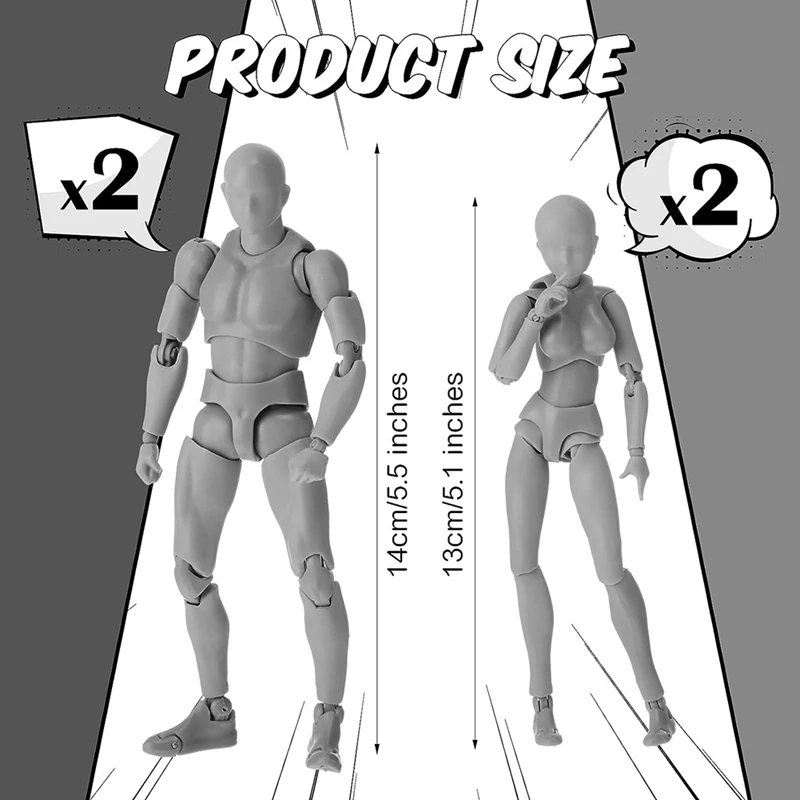 4 conjuntos de figuras de ação de desenho, modelos de desenho de artistas corporais, figura de manequim de desenho