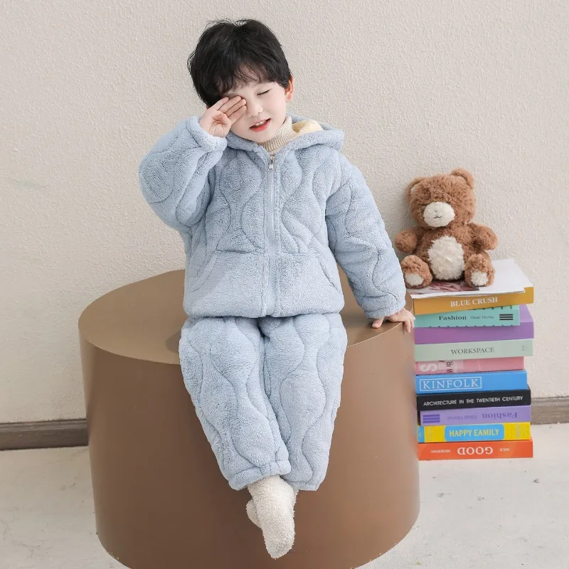 2PCS Winter Children's Three-layer Padded Coral Fleece Loungewear Set Hooded Pajama Set for Boy Warm Sleepwear