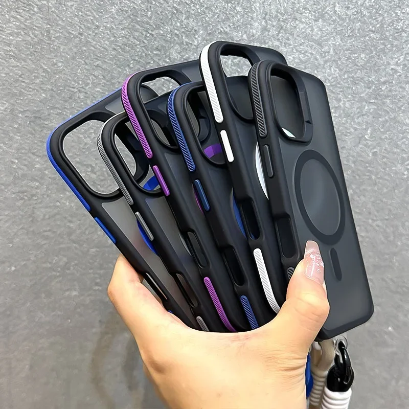 Etui Magsafe Matte Color Contrast Lanyard Case dla iPhone 16 15 14 Pro Max Plus 12 13 Pasek na nadgarstek Bezprzewodowe ładowanie Pokrowiec