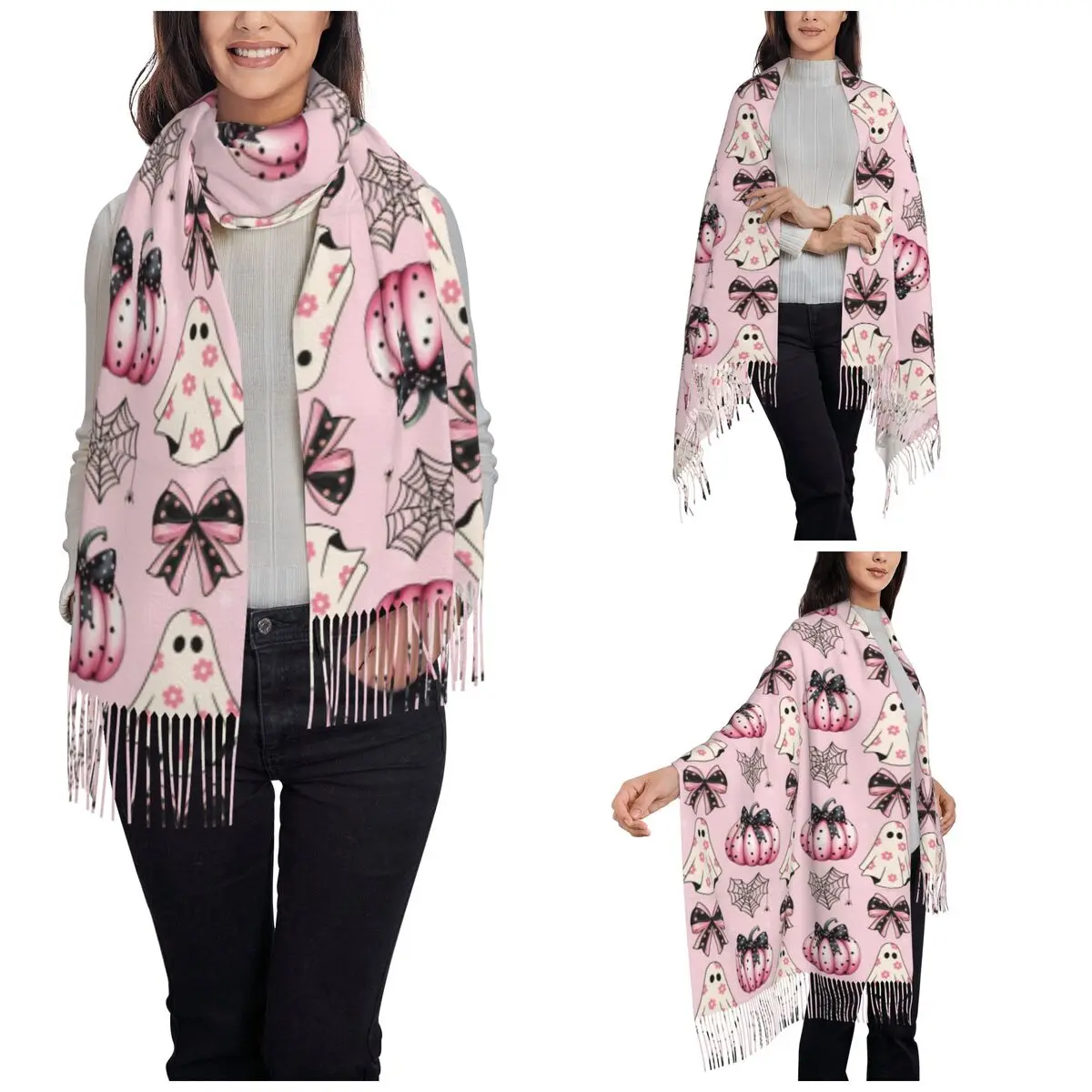 Ghost Halloween Shawl Wraps for Women Warm Single-sided Pattern Scarf Pink Coquette Ghost Pashminas Shawl Scarves