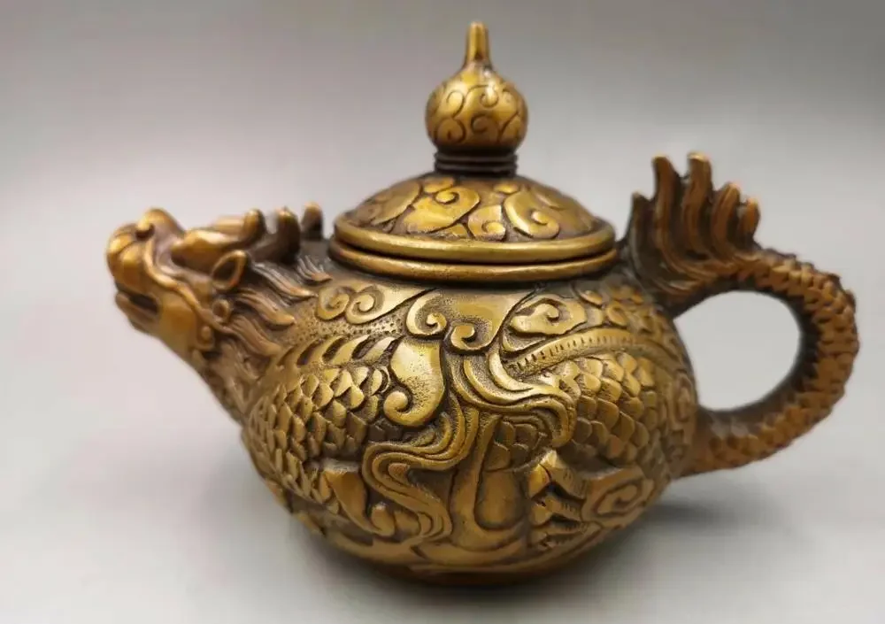 

6'' brass copper carved auspicious beast animal dragon cup jar pot kettle teapot