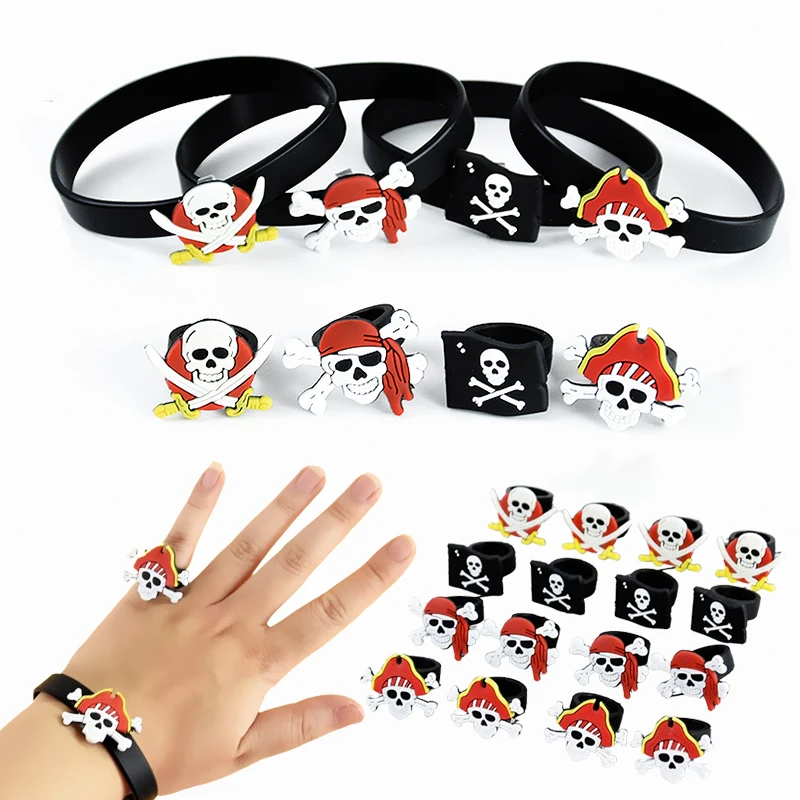 4/8 Uds pulseras de pirata pulsera de goma anillos de calavera accesorios de recuerdo de fiesta de pirata niños decoración de fiesta de cumpleaños de pirata juguetes de regalo