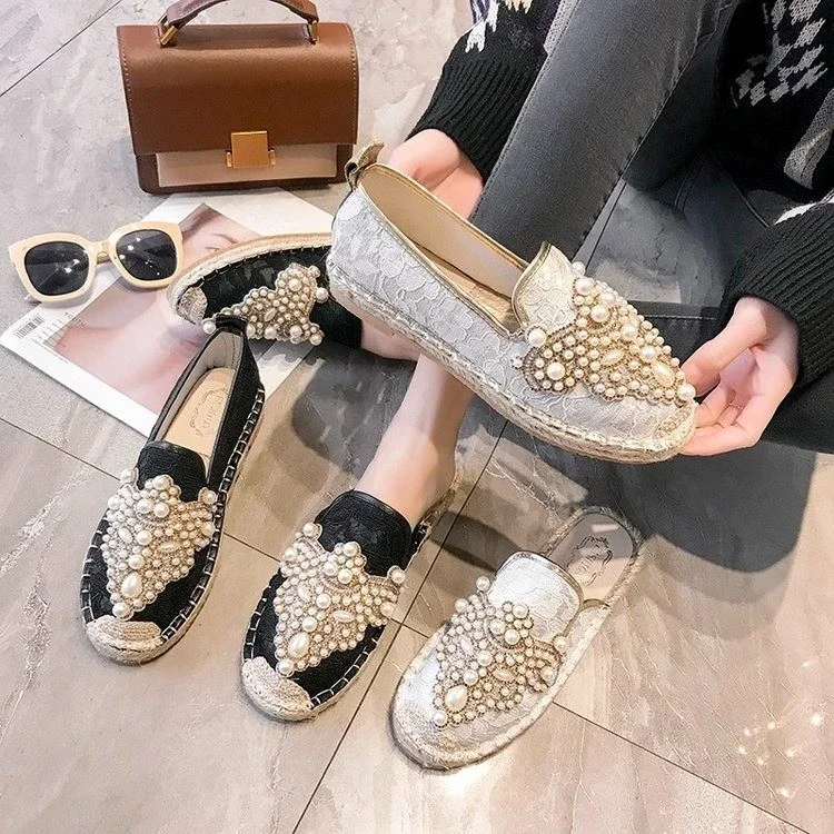 New Beaded Half Slippers Spring Slippers Women\'s Shoes Pearl Linen Flat Heels Cotton Fabric Lace up Mule Shoes