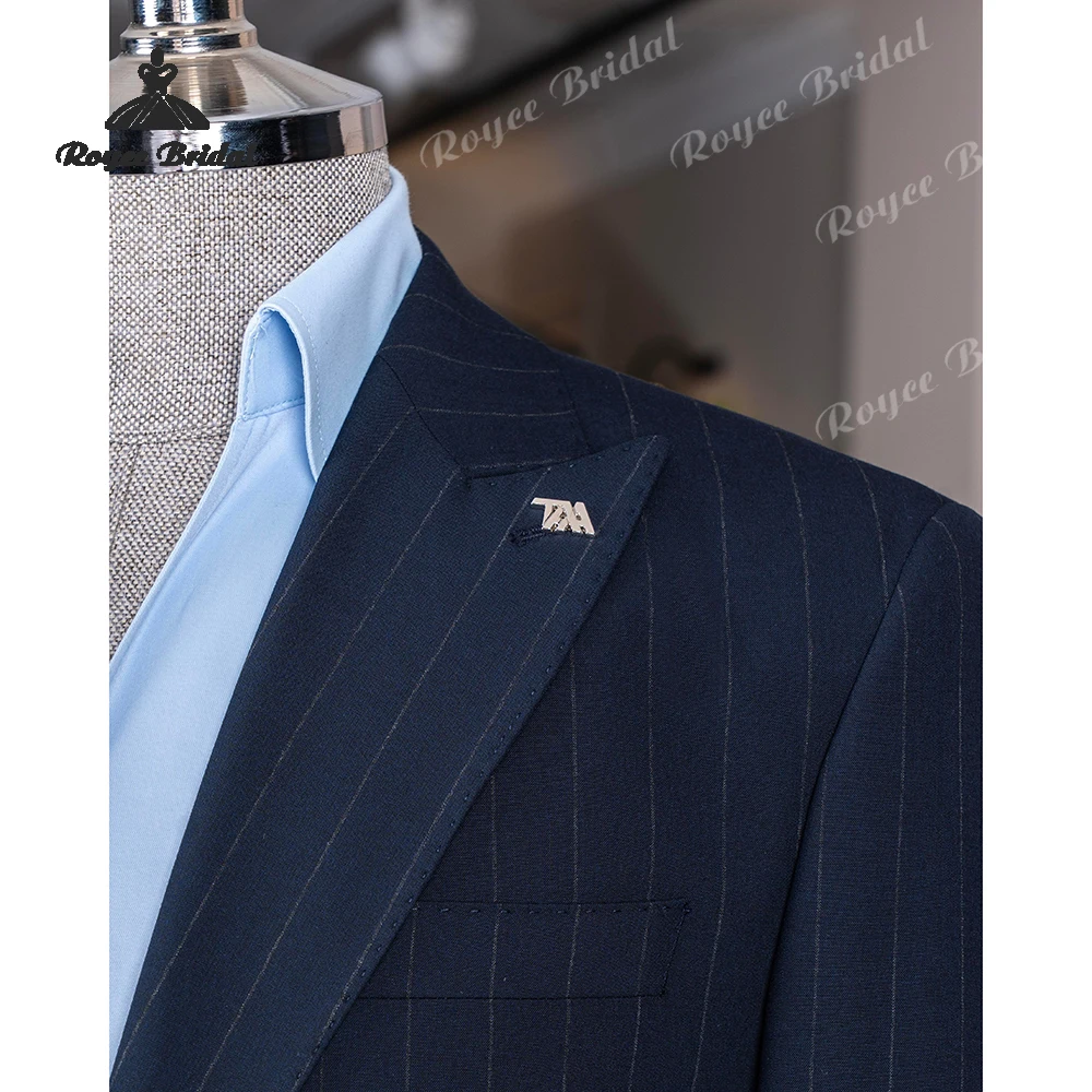 Abito da uomo in due pezzi con risvolto a punta a righe blu navy Matrimonio 2026 Abito da ballo da sera monopetto personalizzato trajes para hombre