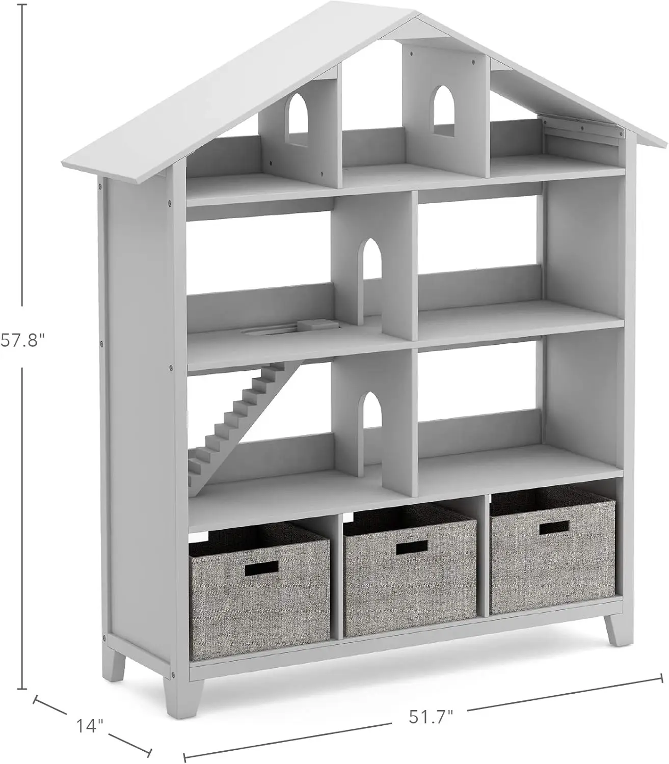 Estante de Dollhouse Deluxe para crianças, cinza, grande armazenamento de madeira, organizador de livros, bonecas, brinquedos, estante para crianças