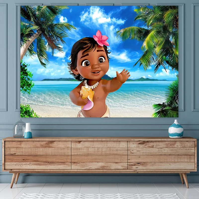 Fondo de tela con tema de dibujos animados de Moana de Disney, fotografía de princesa para niña, decoración para fiesta de cumpleaños, cartel para Baby Shower Vaiana